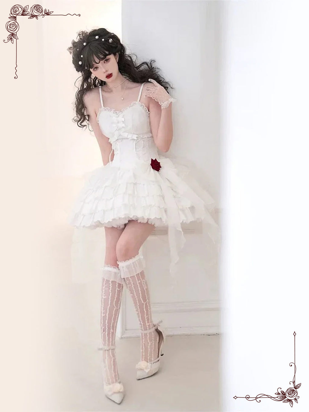 Black and White Gothic Lolita Slip Dress Ruffled Details Romantic Rose Accents