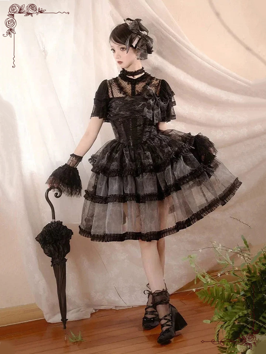Black Gothic Lolita Princess Dress Organza Strap JSK with Elegant Butterfly Details