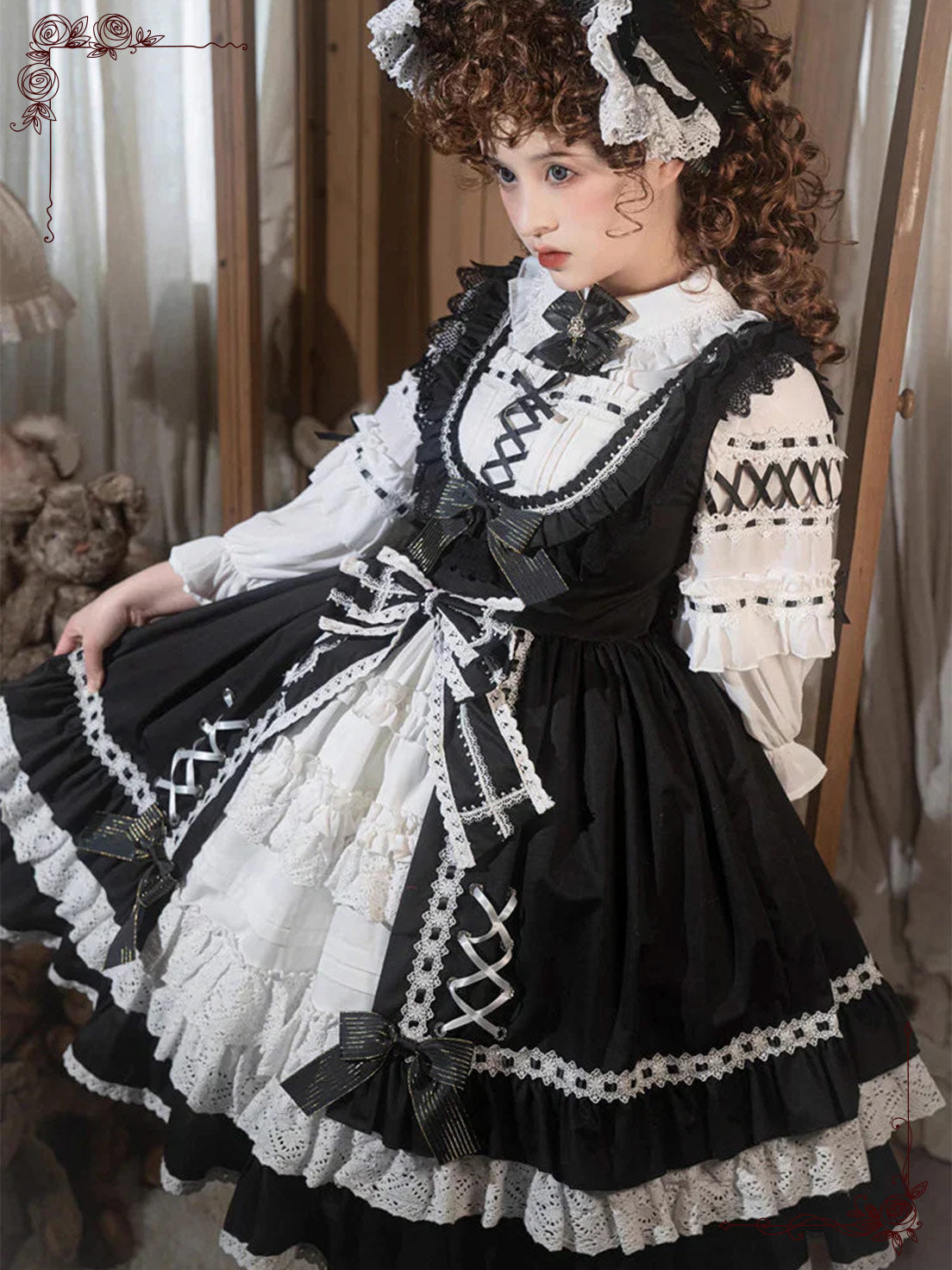 Black White Classic Lolita Layer Ruffled with Bow Accents Delicate Lace Dress