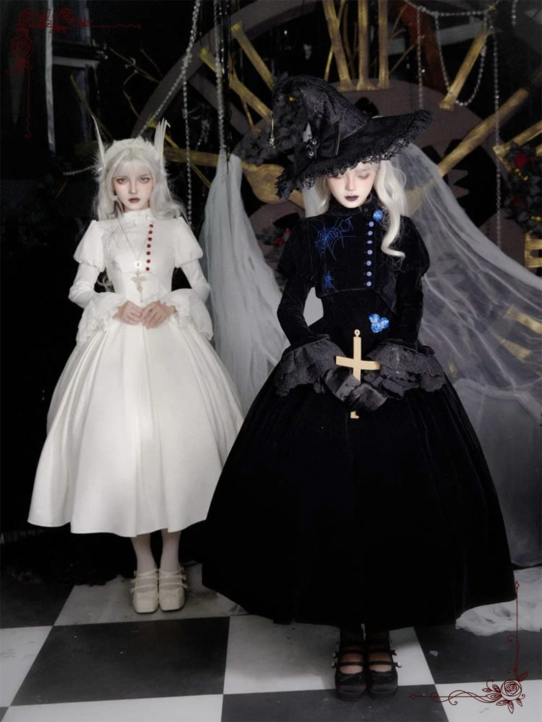 Black White Goth Lolita Dress Gemini Embroider Top with Fishbone for Halloween