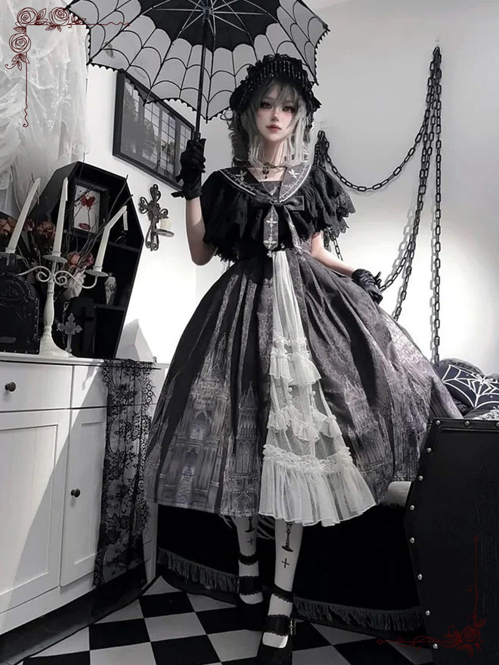 Black White Gothic Lolita Elegant Printed Cape Dress Rococo Vintage Style