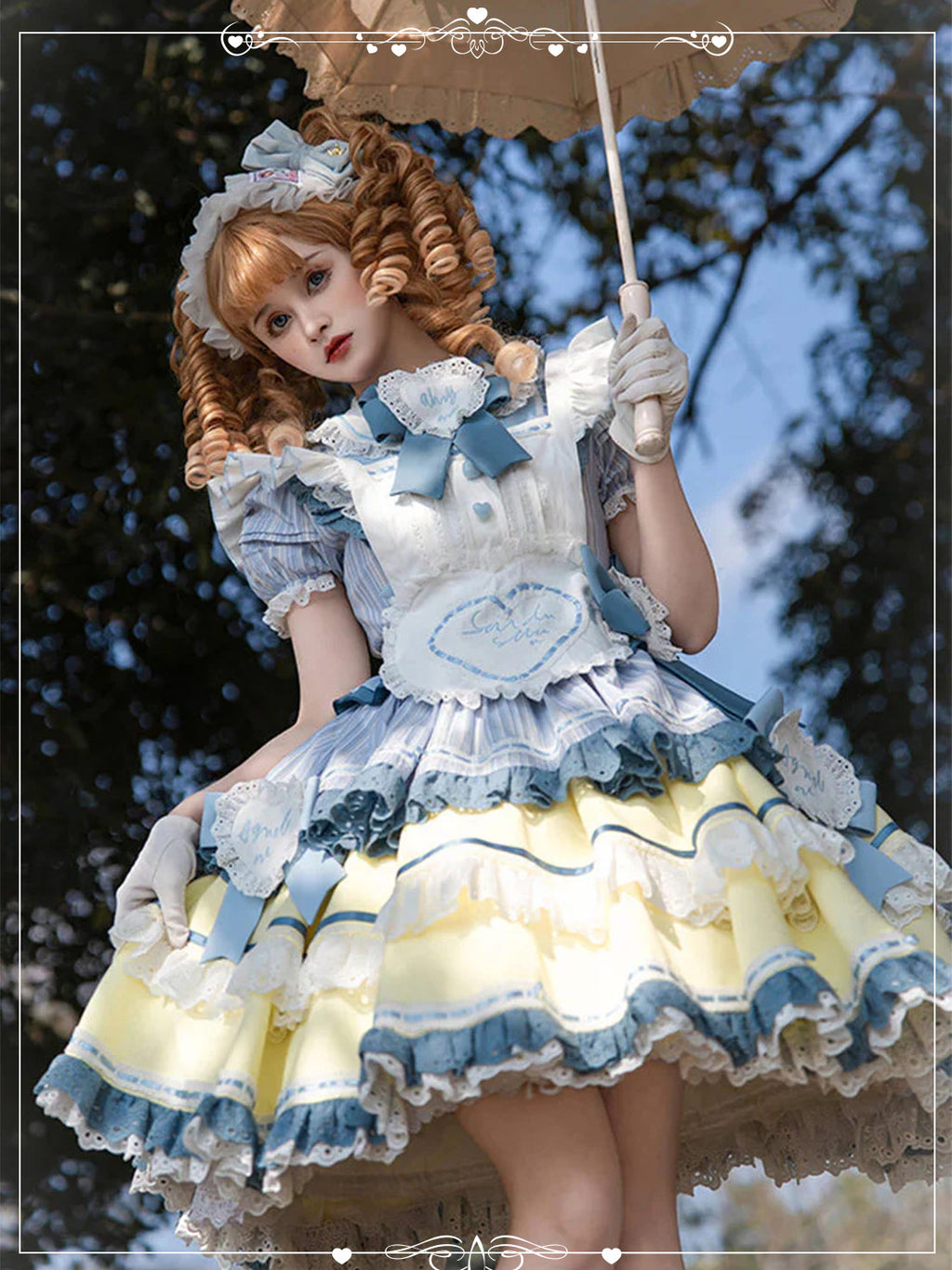 Blue Yellow Sweet Lolita Japanese Charm Short Sleeve with Ruffled Layers Lace Dress