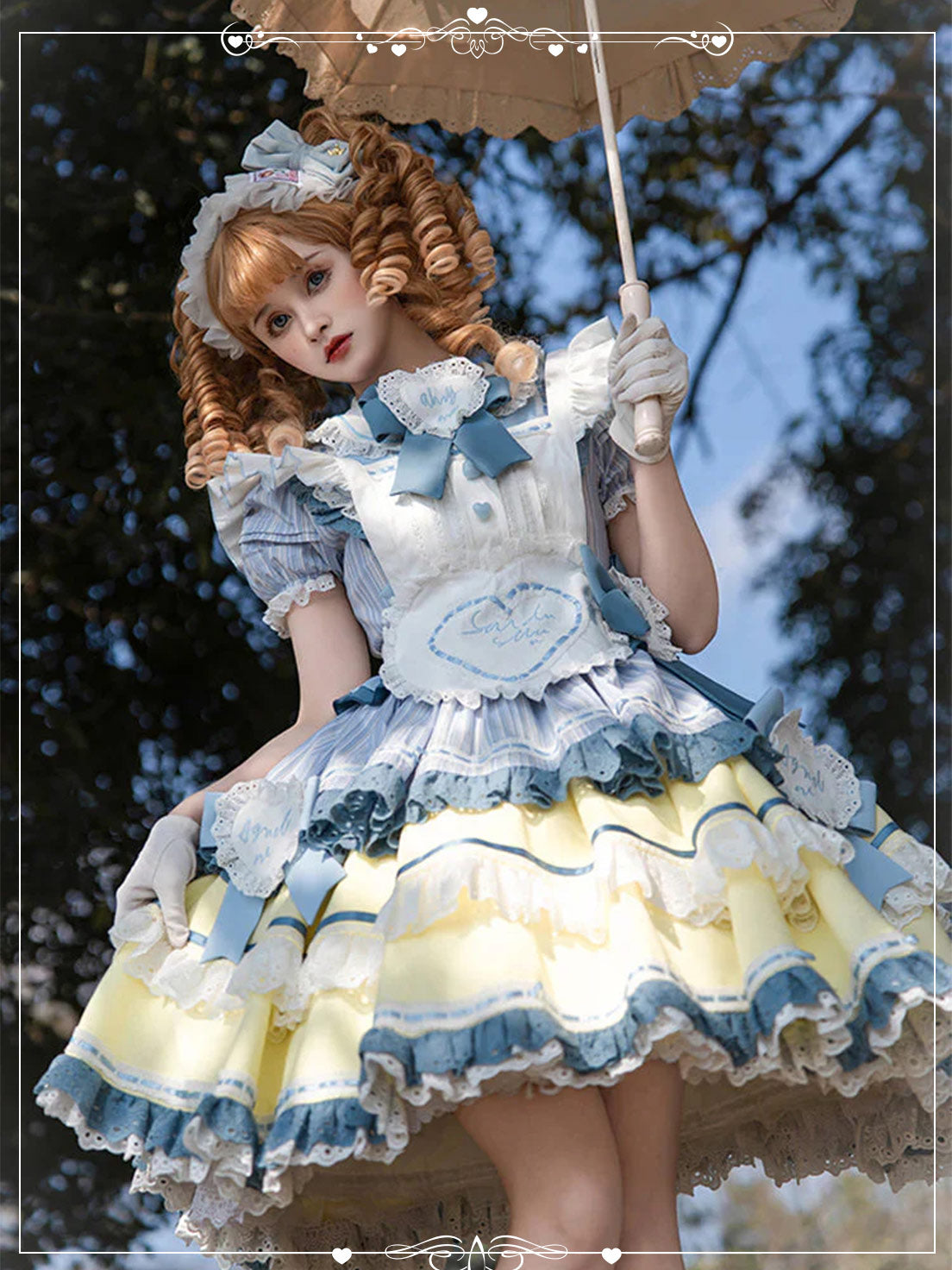 Blue Yellow Sweet Lolita Japanese Charm Short Sleeve with Ruffled Layers Lace Dress