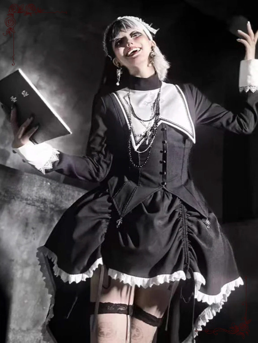 Dark Nun Style Gothic Lolita Outfit Halloween Cross Print Irregular Train Skirt