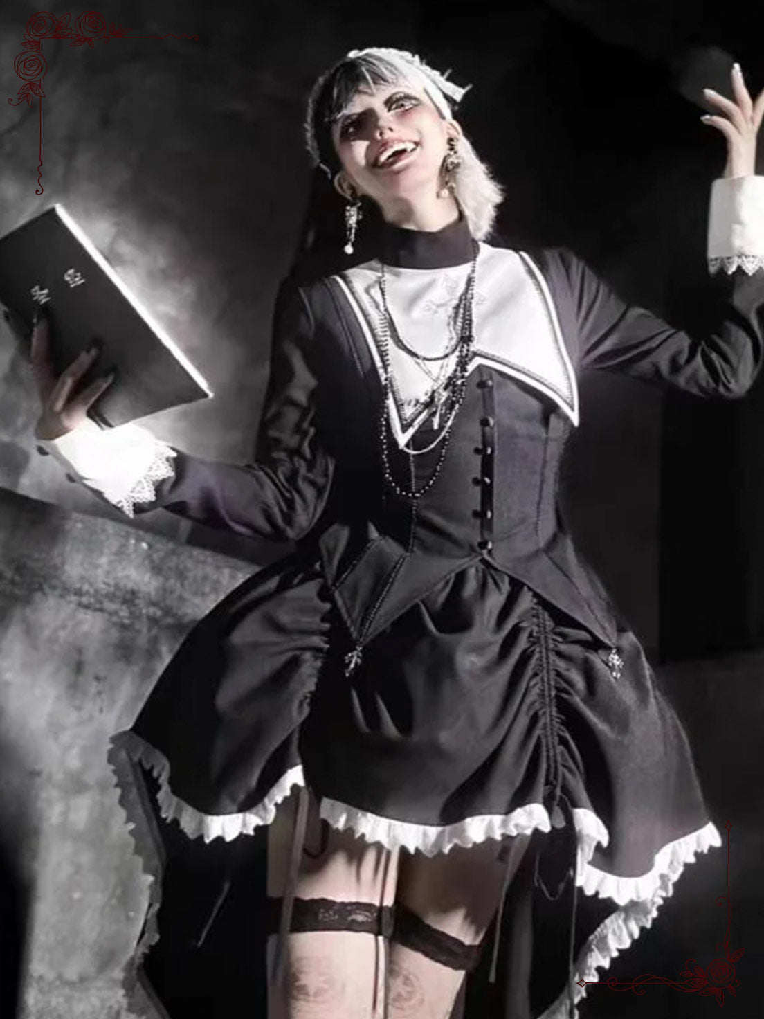 Dark Nun Style Gothic Lolita Outfit Halloween Cross Print Irregular Train Skirt