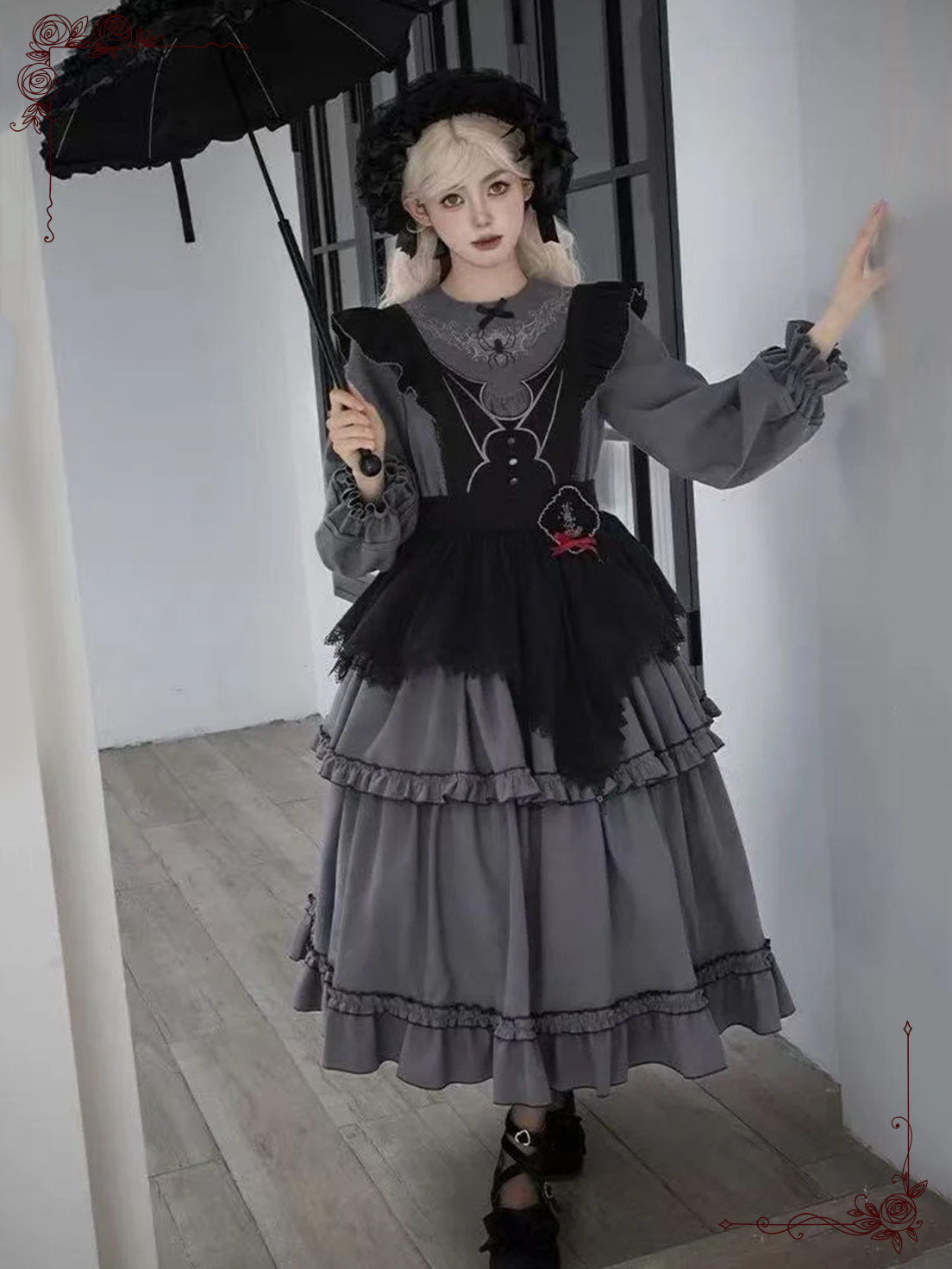 Gray Gothic Lolita Three-Tier Embroider Details Flared Silhouette Long Dress