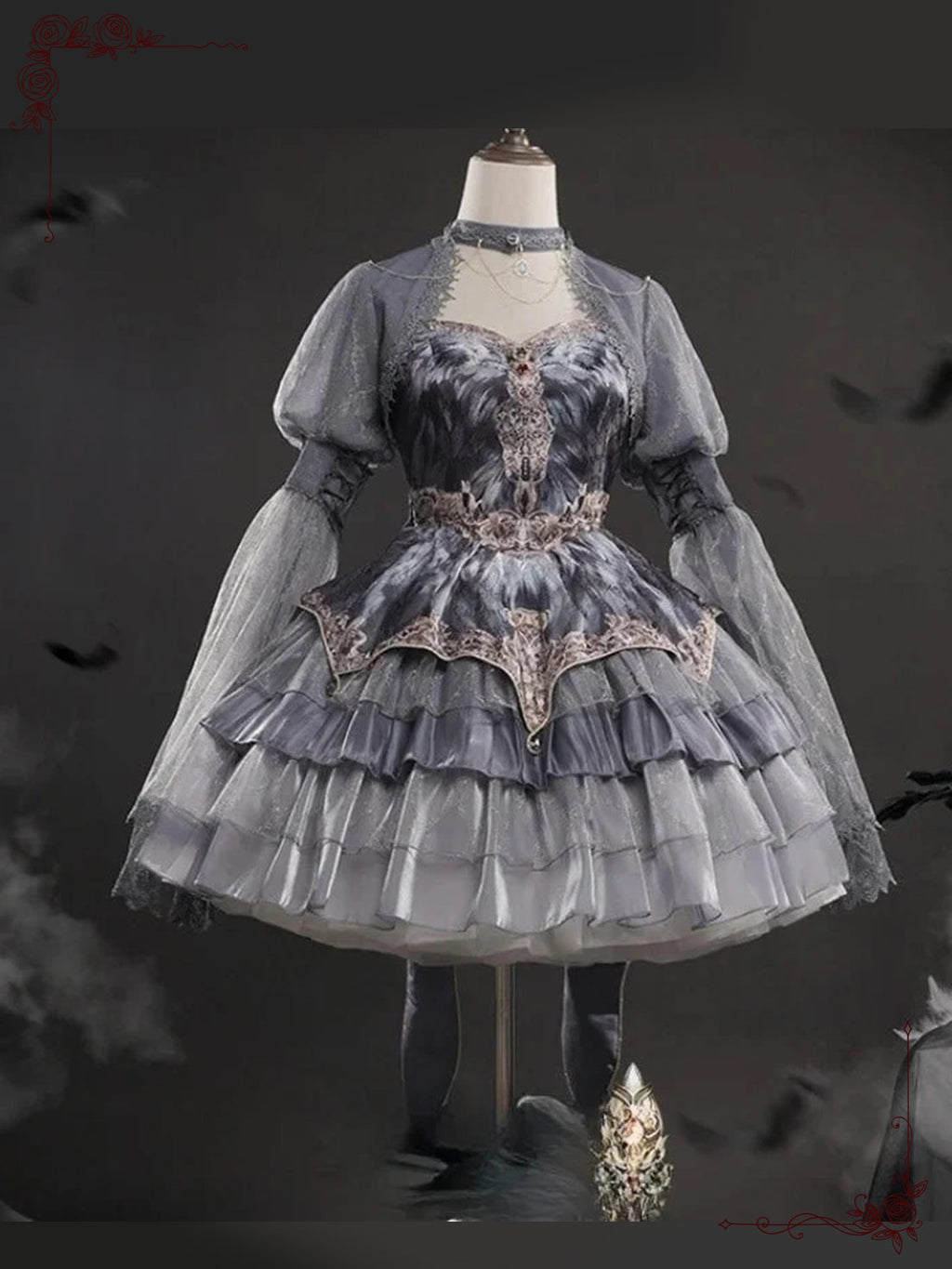 Grey Feather Gothic Lolita Swan-Themed Layer Cake Dress