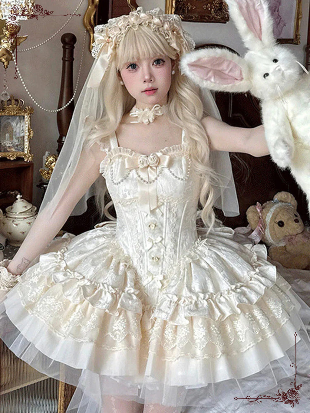 Ivory Sweet Lolita Princess with Lush Layer Ruffles Bowknot Lace Dress