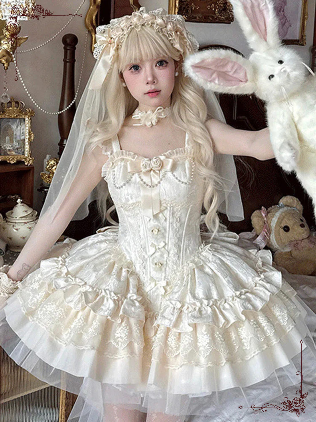 Ivory Sweet Lolita Princess with Lush Layer Ruffles Bowknot Lace Dress