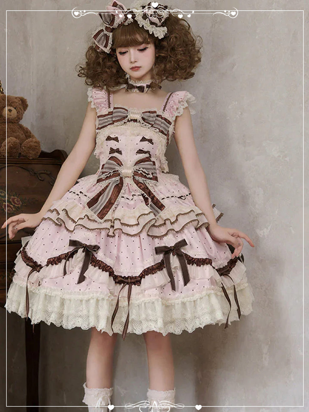 Pink Sweet Lolita Princess Cake Dress with Printed Ruffles Bowknot Delicate Lace-Up