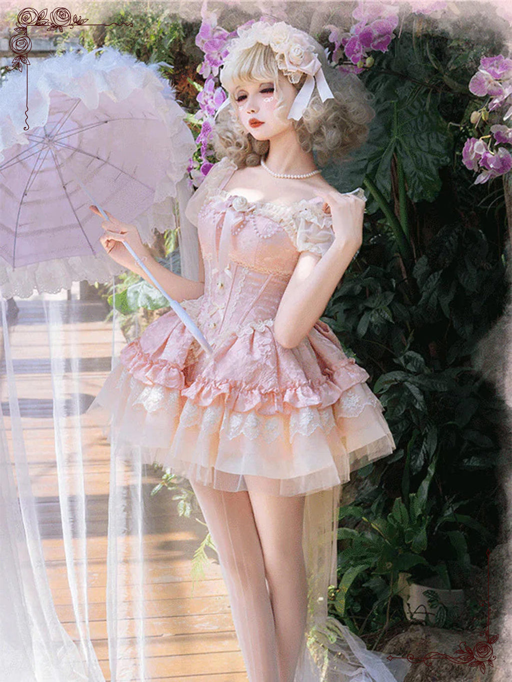 Sweet Lolita Pink Princess  Multi-Layer Ruffles Bow Lace Tie-Up Dress