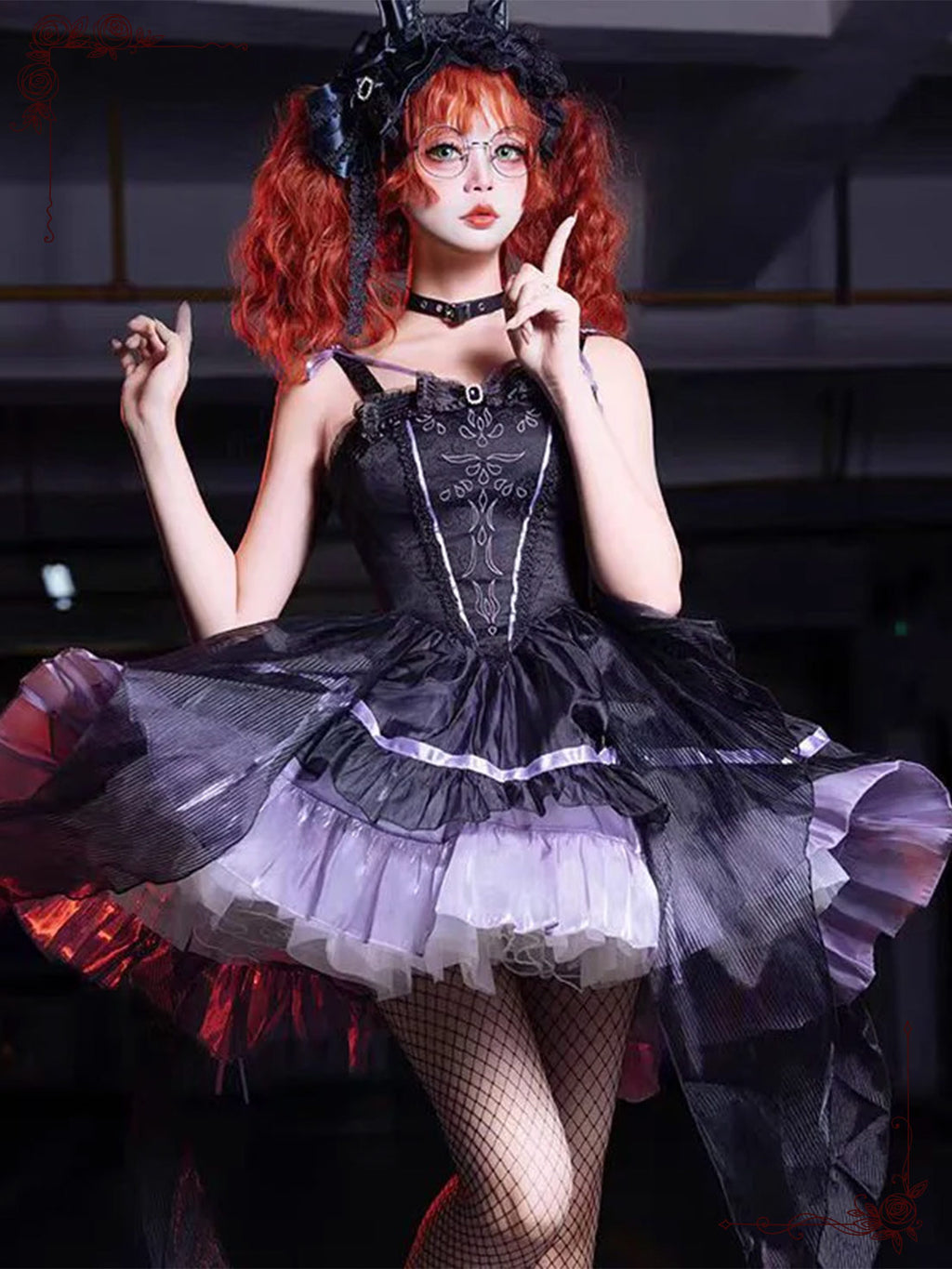 Purple Black Gothic Lolita Slim-Fit Dress with Intricate Embroider for Halloween