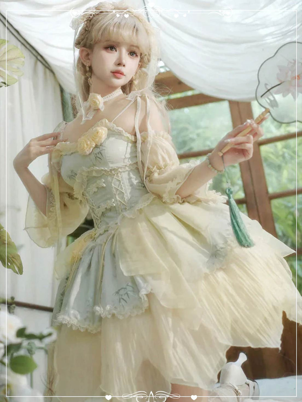 Qi Ballet Lolita Green with Ruffle Bow Lace Trim Irregular Hem Sleeveless
