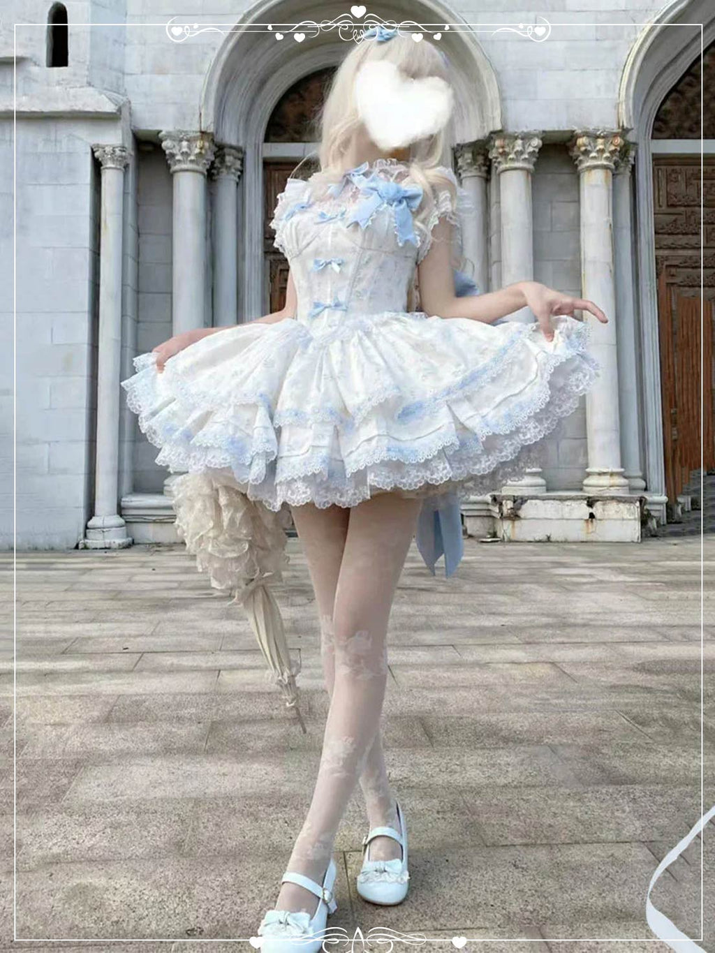 Sweet Lolita Blue Floral JSK Dress Layer Ruffles with Lace Trim Coord Set