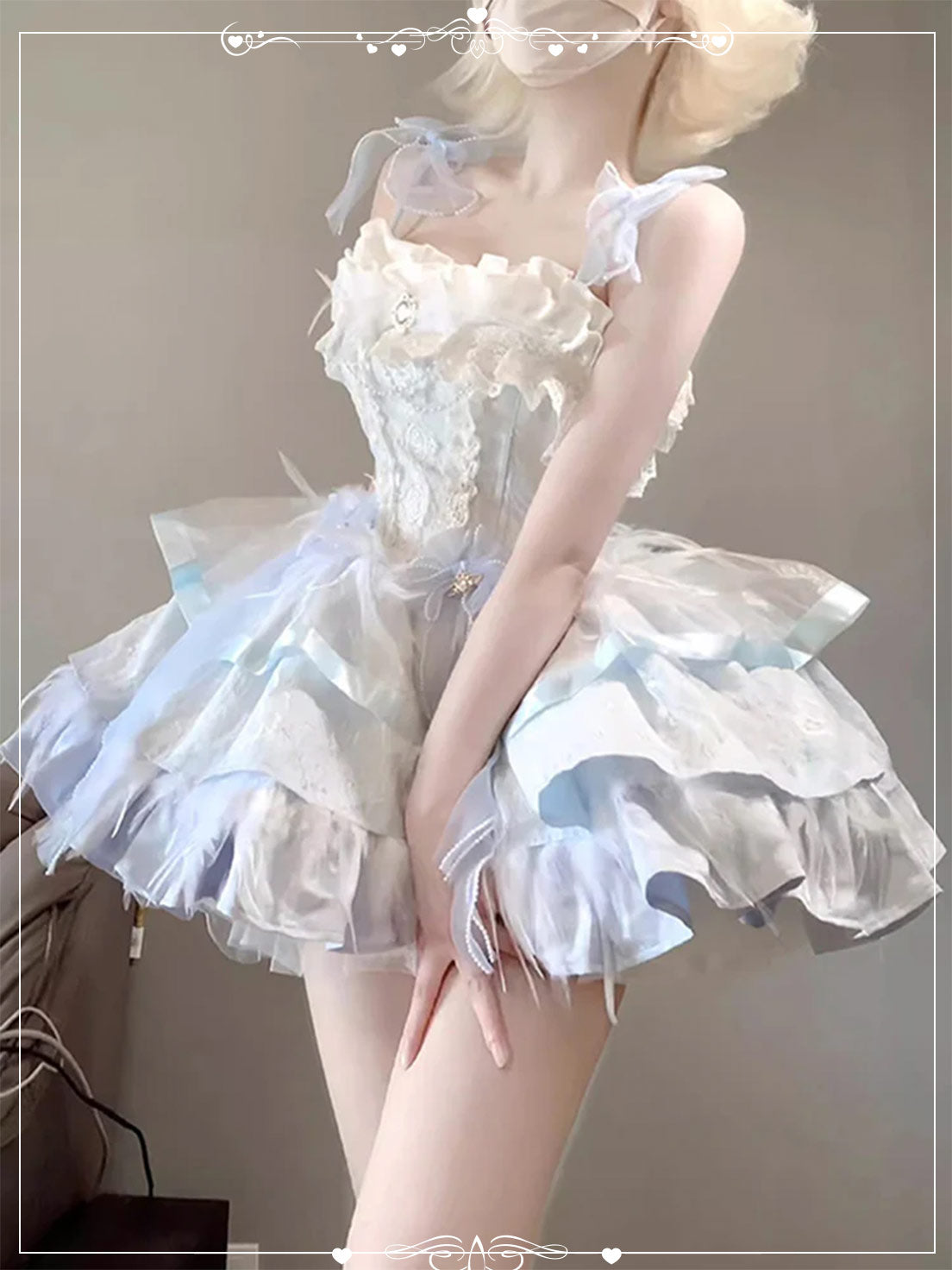 Sweet Lolita Light Blue Gradient Dress Ruffled Trim Shoulder Bows Pearl Accents