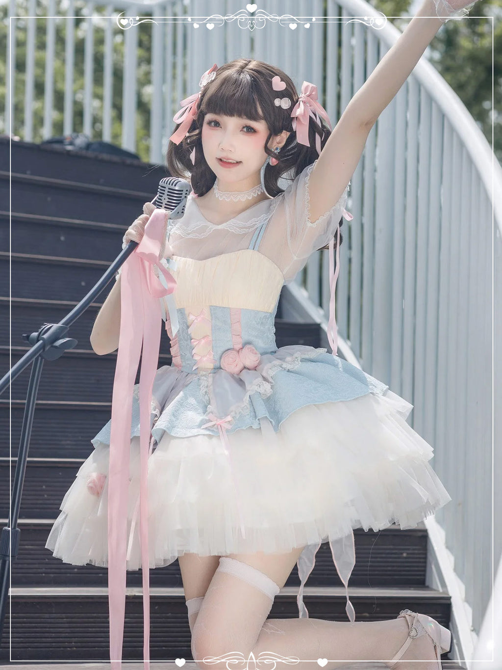 Sweet Lolita Pink Blue Ruffled Dress Lace Trim with3D Rose Embellishments