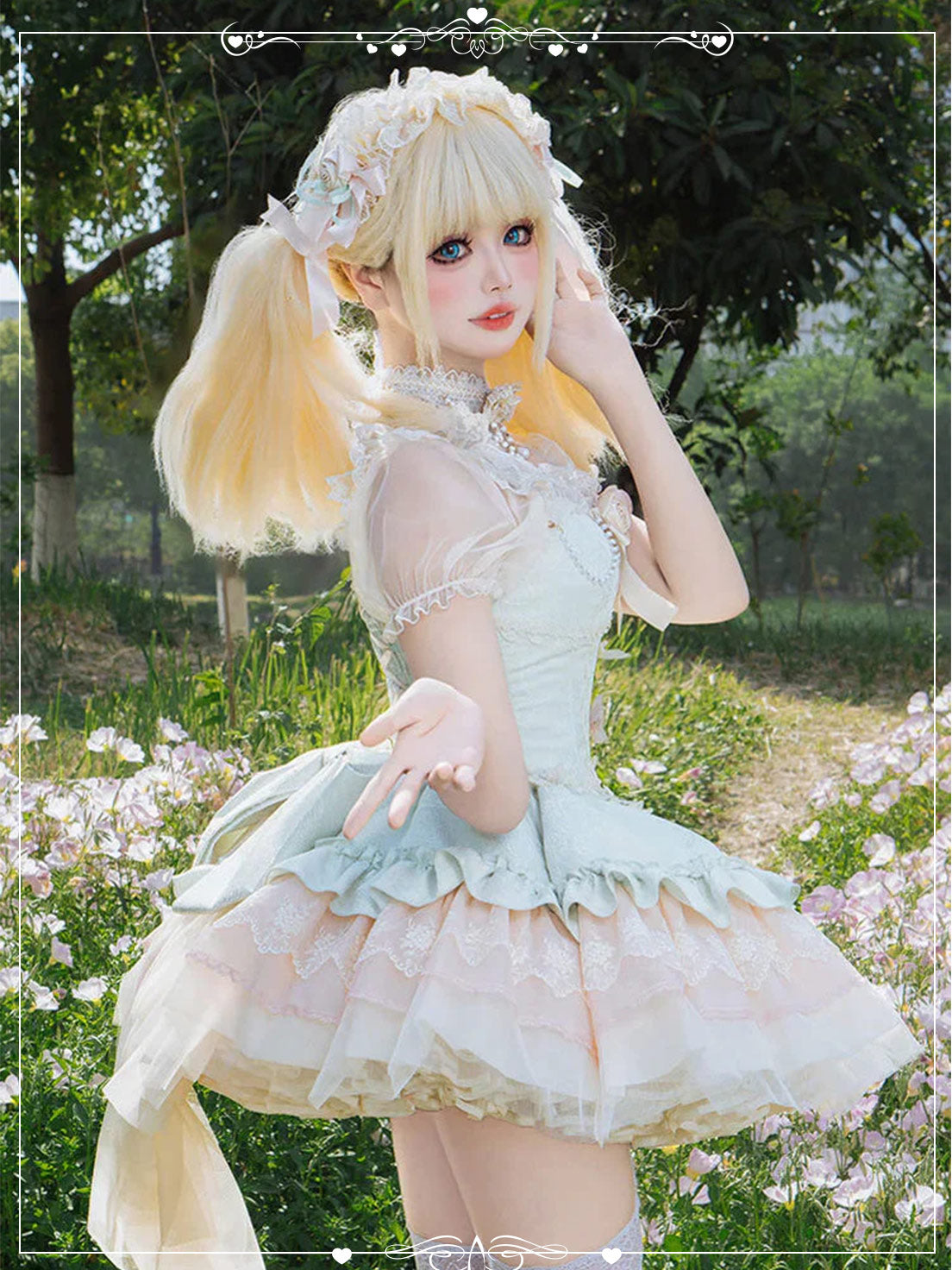 Sweet Princess Green  with Multi Layer Ruffles Delicate Bowknot Lace Dress