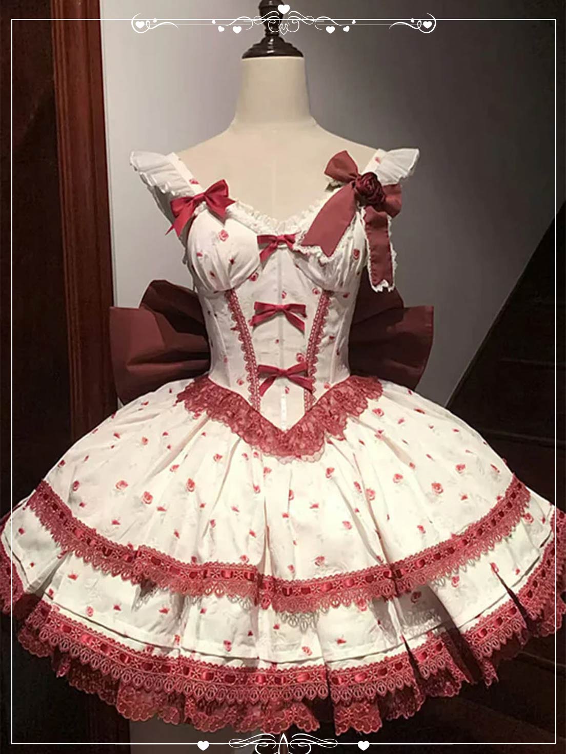 Sweet Lolita Wine Red Multi Layer Ruffle with Printed Bowknot Lace Dress