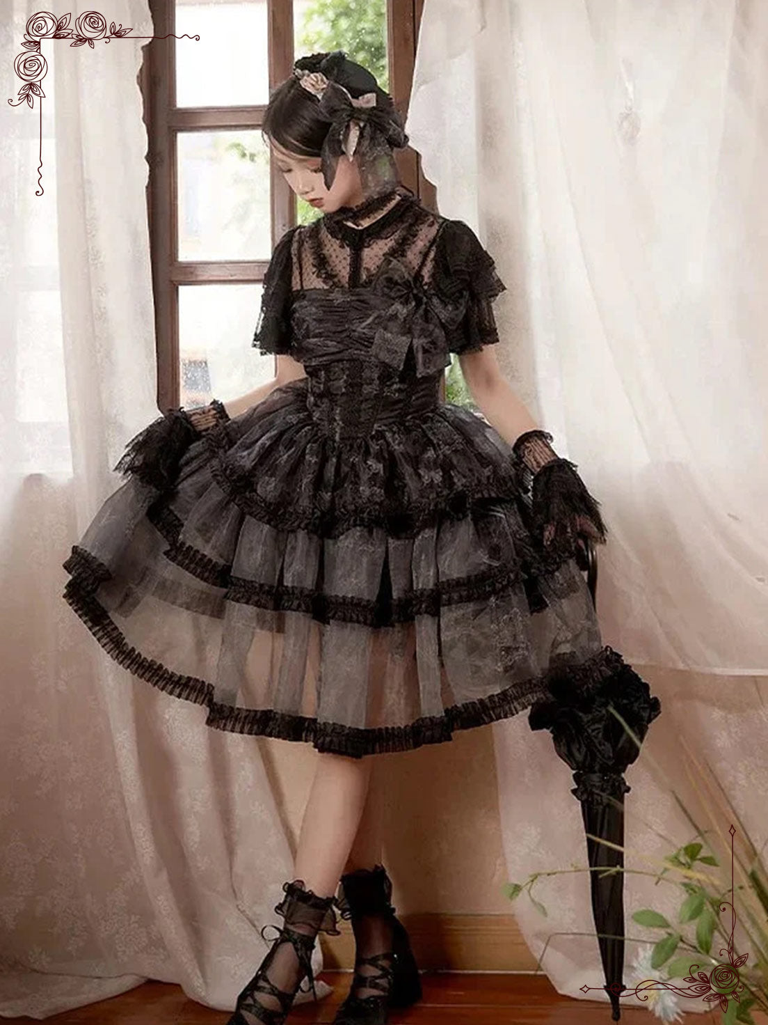 Black Gothic Lolita Princess Dress Organza Strap JSK with Elegant Butterfly Details