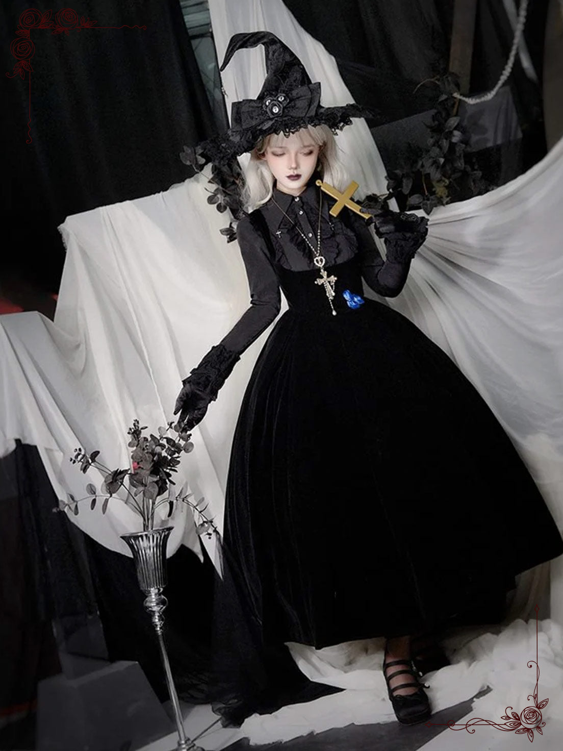 Black White Goth Lolita Dress Gemini Embroider Top with Fishbone for Halloween