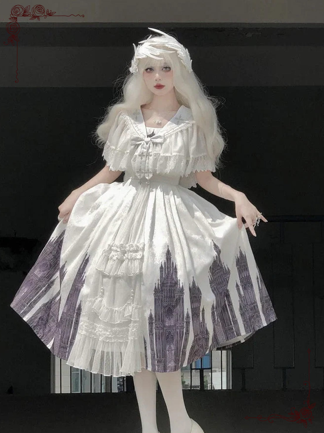 Black White Gothic Lolita Elegant Printed Cape Dress Rococo Vintage Style