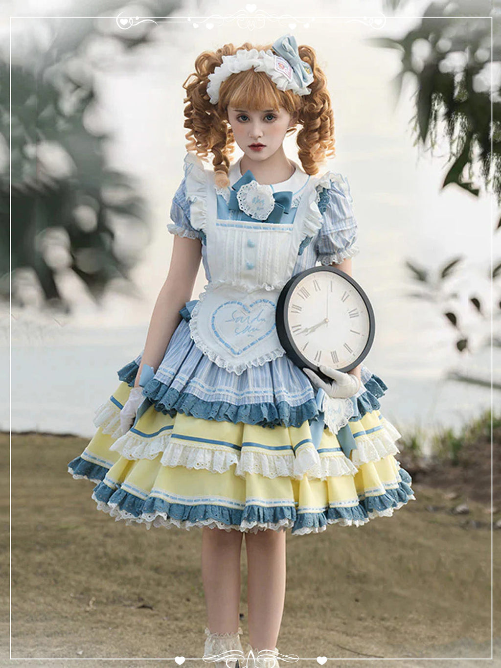 Blue Yellow Sweet Lolita Japanese Charm Short Sleeve with Ruffled Layers Lace Dress