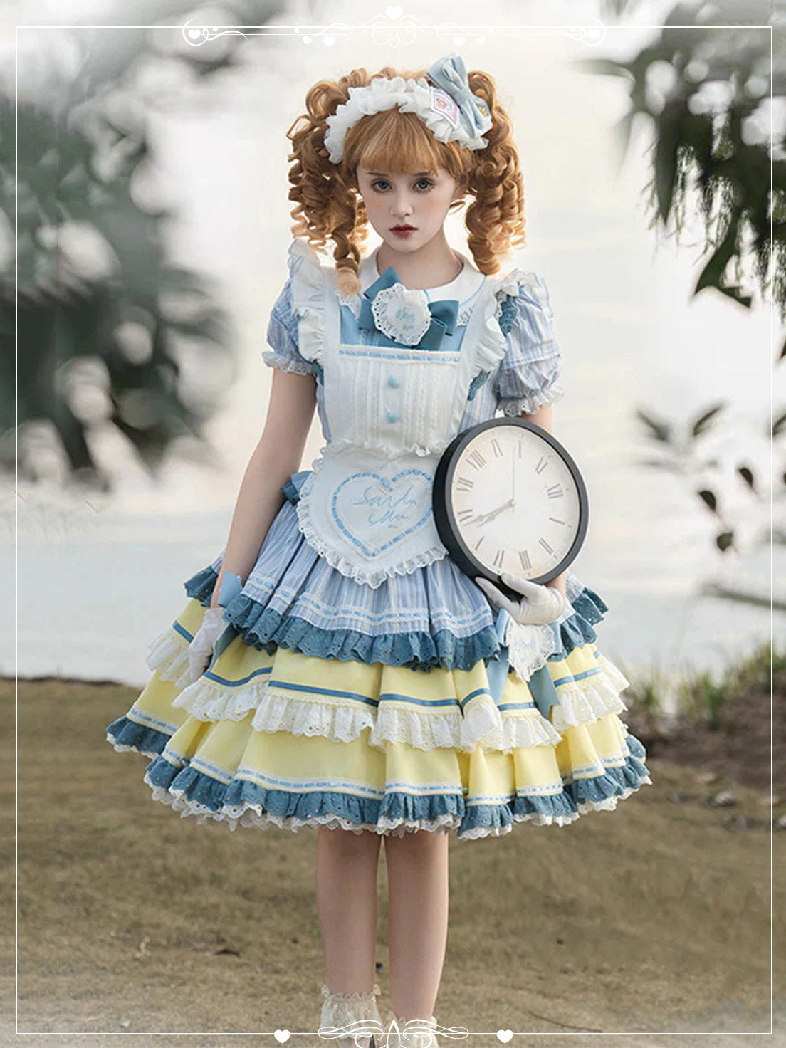 Blue Yellow Sweet Lolita Japanese Charm Short Sleeve with Ruffled Layers Lace Dress