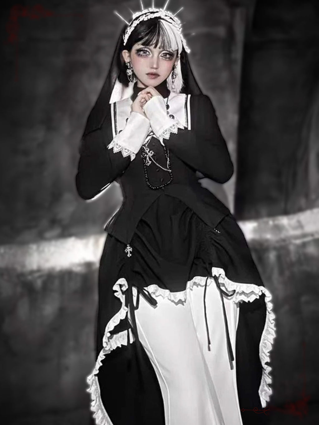 Dark Nun Style Gothic Lolita Outfit Halloween Cross Print Irregular Train Skirt