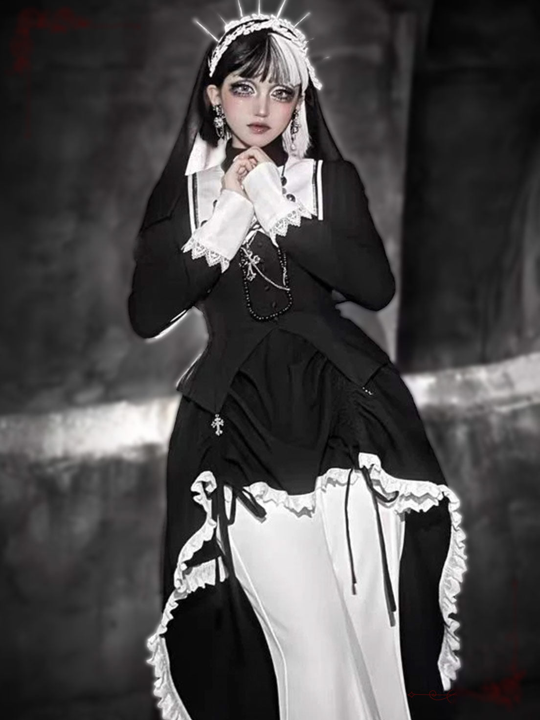Dark Nun Style Gothic Lolita Outfit Halloween Cross Print Irregular Train Skirt