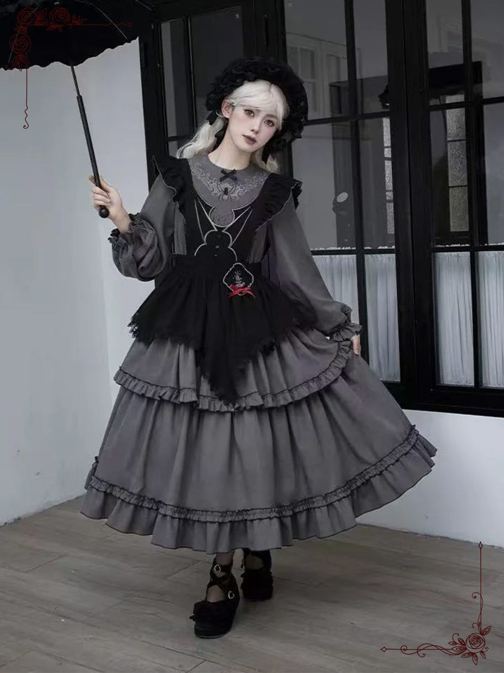 Gray Gothic Lolita Three-Tier Embroider Details Flared Silhouette Long Dress