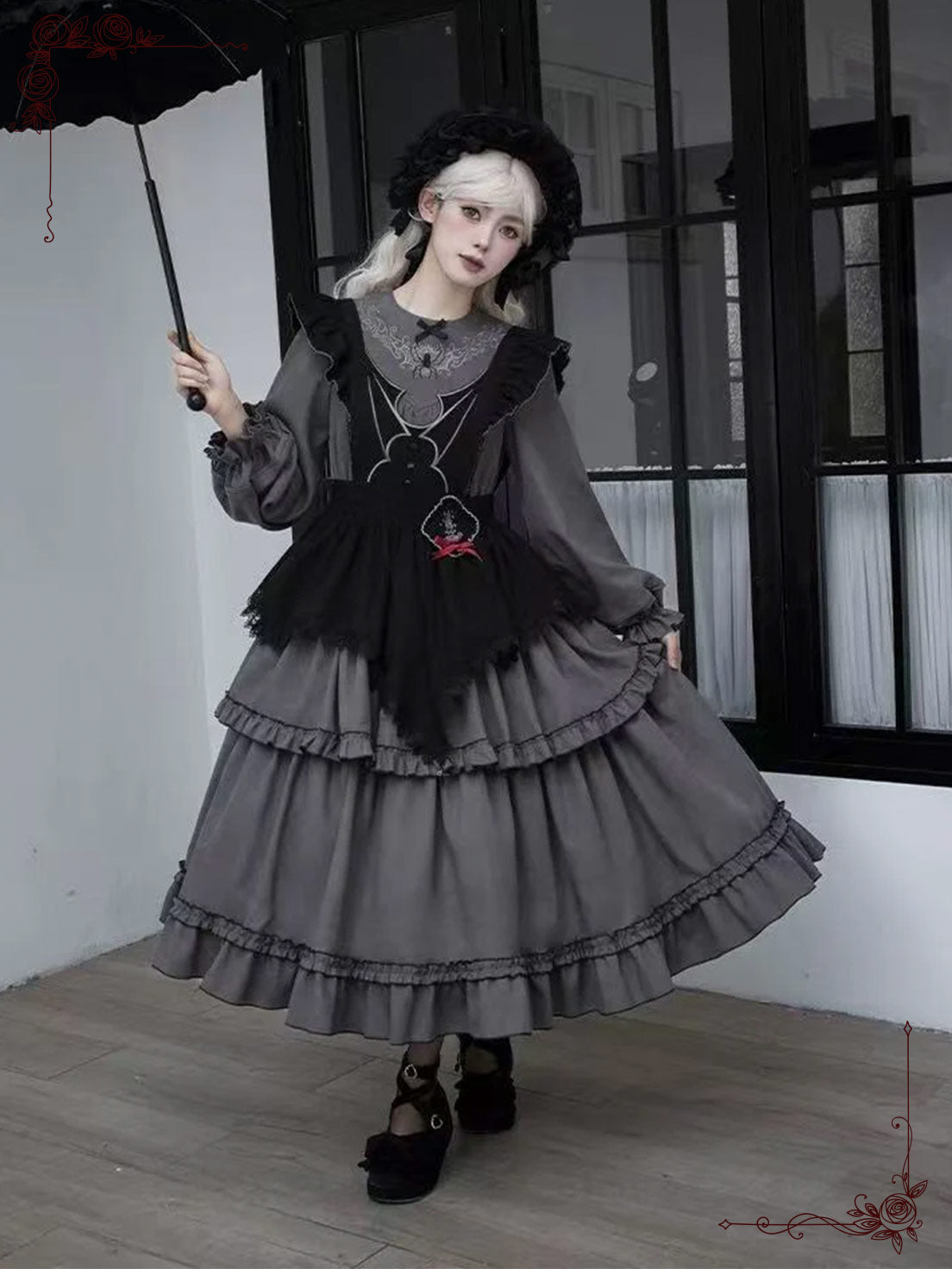 Gray Gothic Lolita Three-Tier Embroider Details Flared Silhouette Long Dress