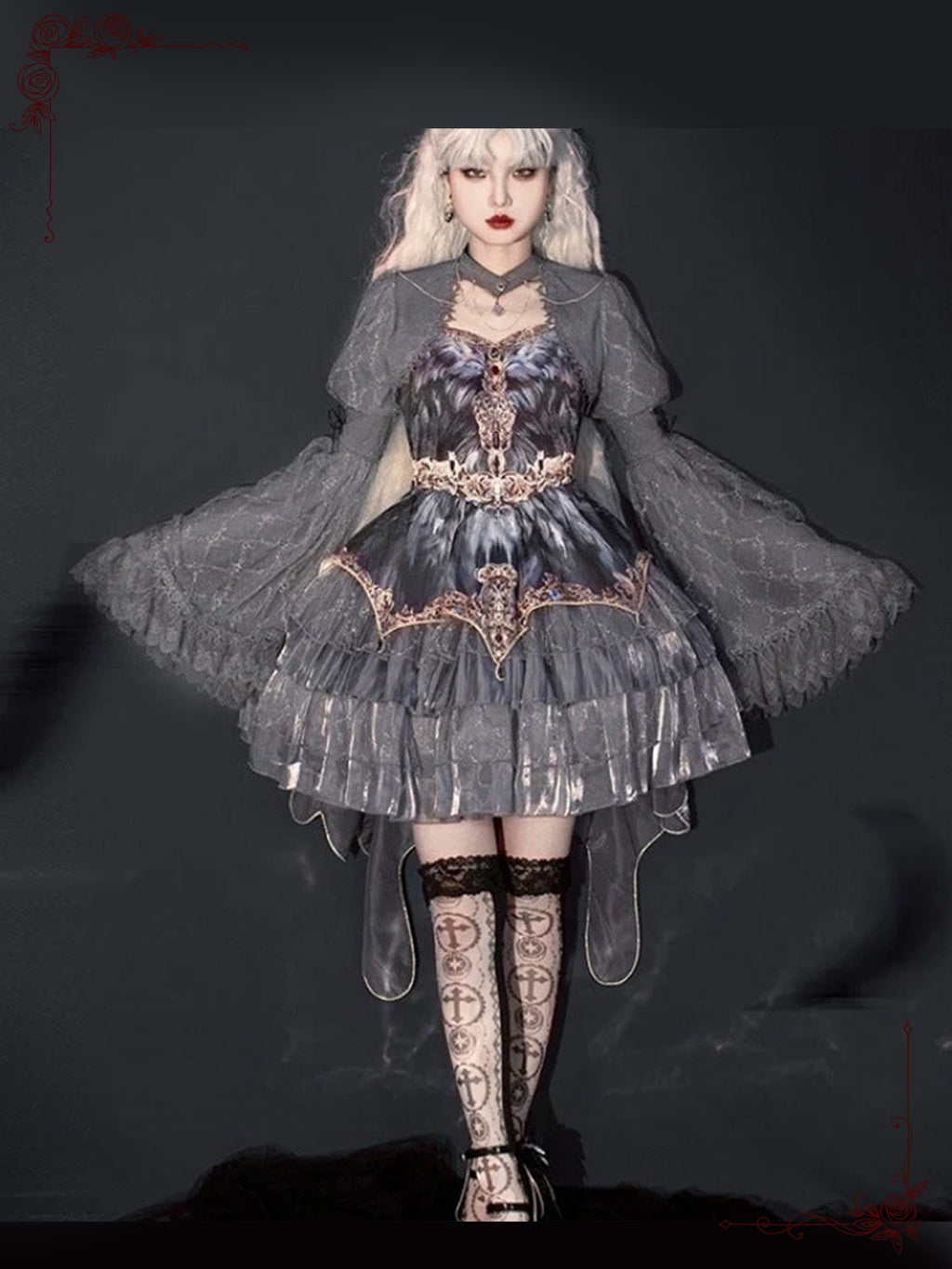 Grey Feather Gothic Lolita Swan-Themed Layer Cake Dress