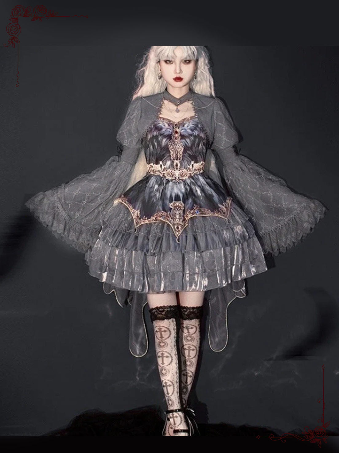 Grey Feather Gothic Lolita Swan-Themed Layer Cake Dress