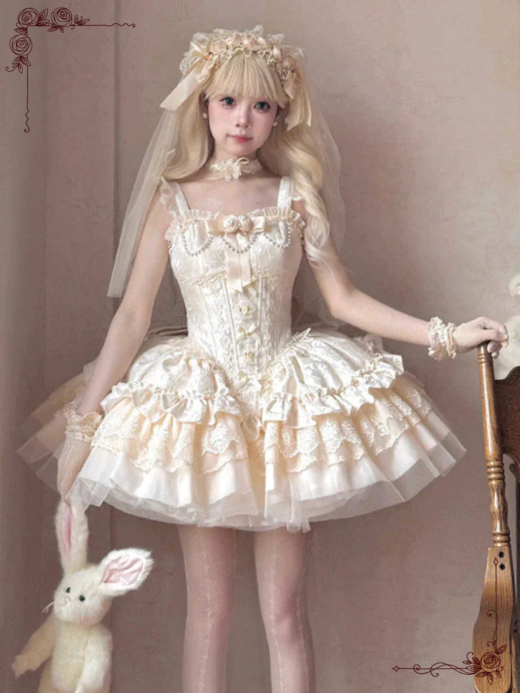 Ivory Sweet Lolita Princess with Lush Layer Ruffles Bowknot Lace Dress