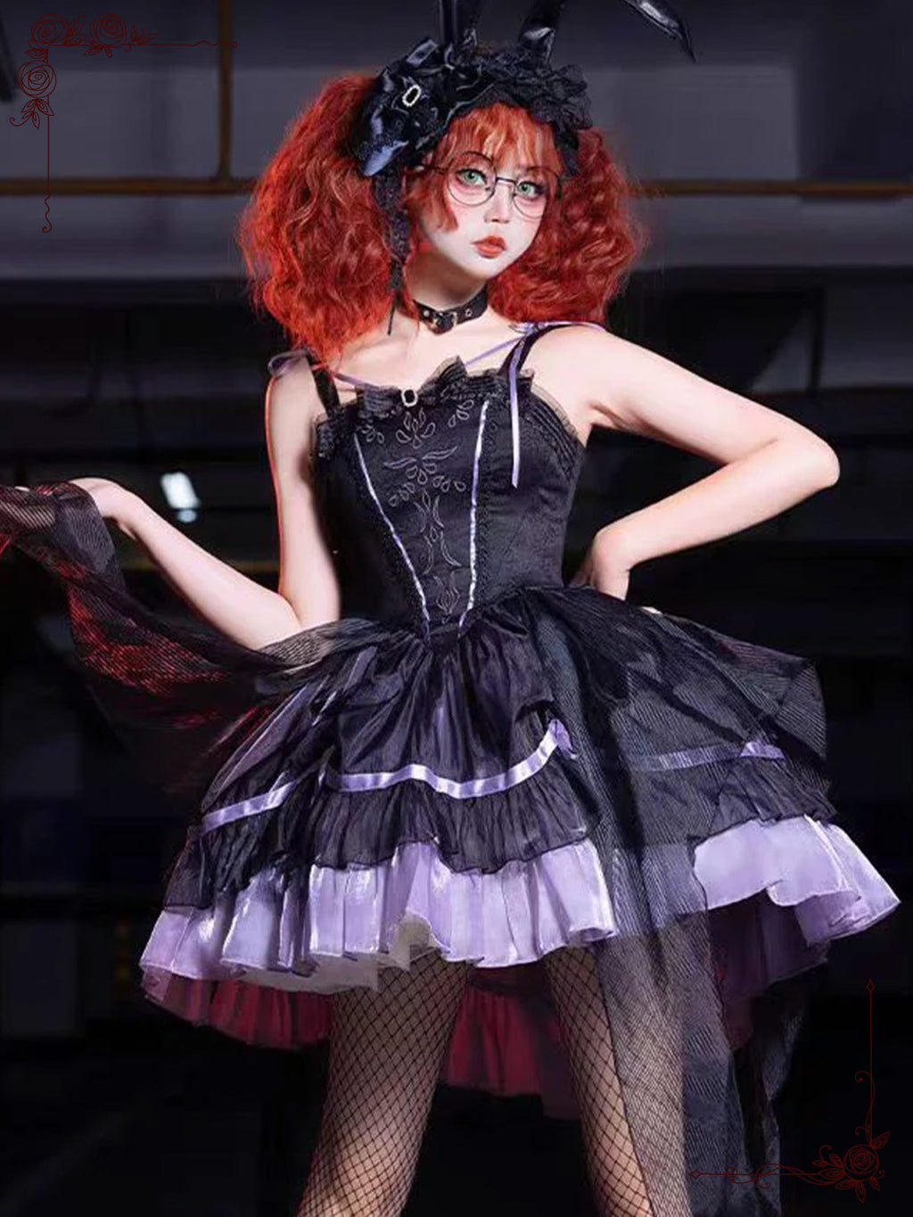 Purple Black Gothic Lolita Slim-Fit Dress with Intricate Embroider for Halloween