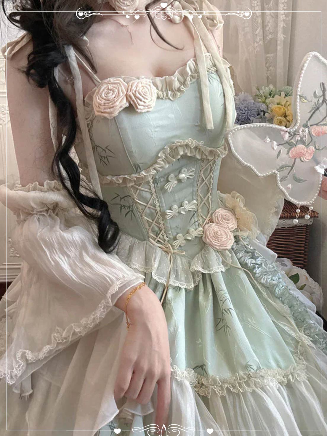 Qi Ballet Lolita Green with Ruffle Bow Lace Trim Irregular Hem Sleeveless