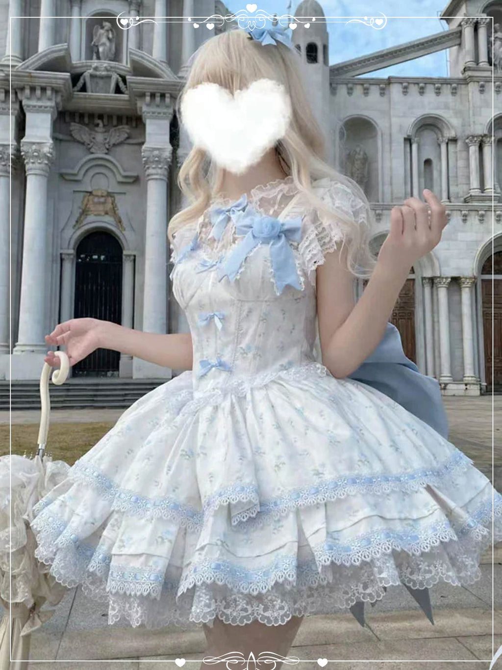 Sweet Lolita Blue Floral JSK Dress Layer Ruffles with Lace Trim Coord Set