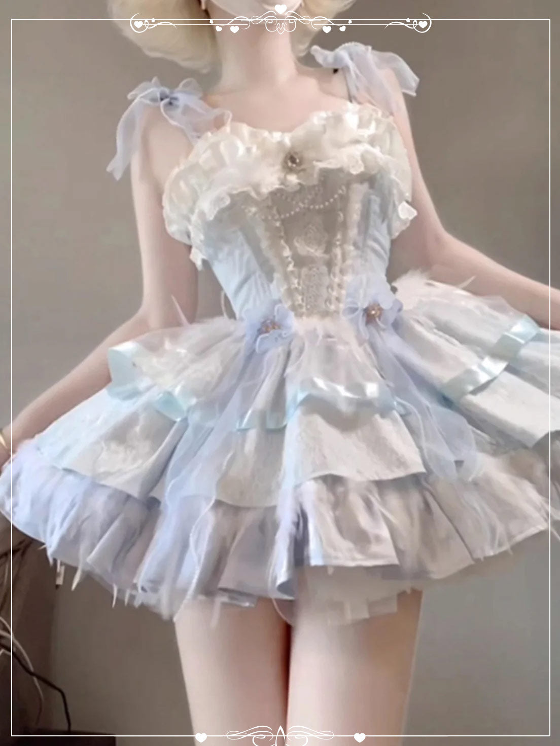 Sweet Lolita Light Blue Gradient Dress Ruffled Trim Shoulder Bows Pearl Accents