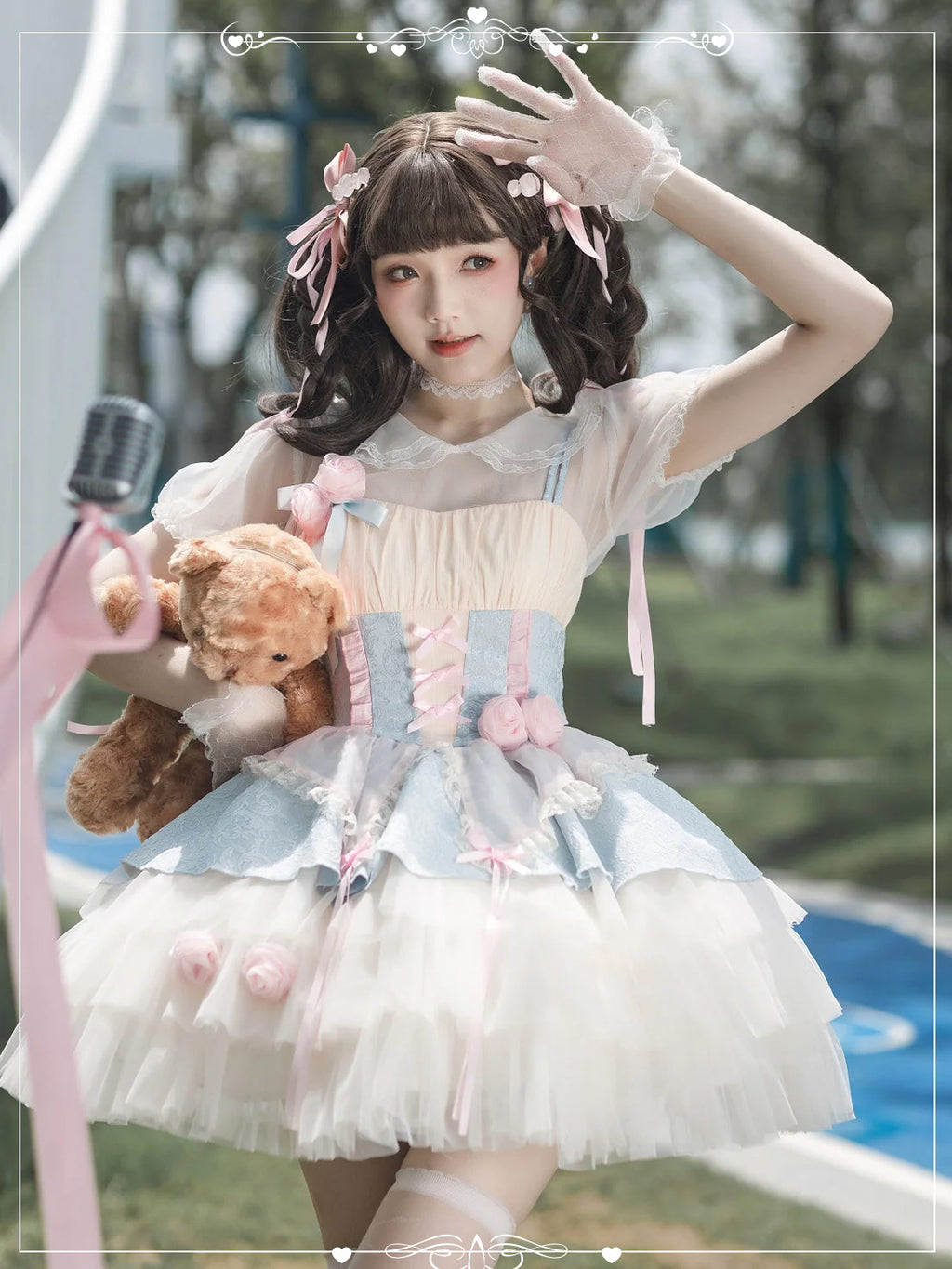 Sweet Lolita Pink Blue Ruffled Dress Lace Trim with3D Rose Embellishments