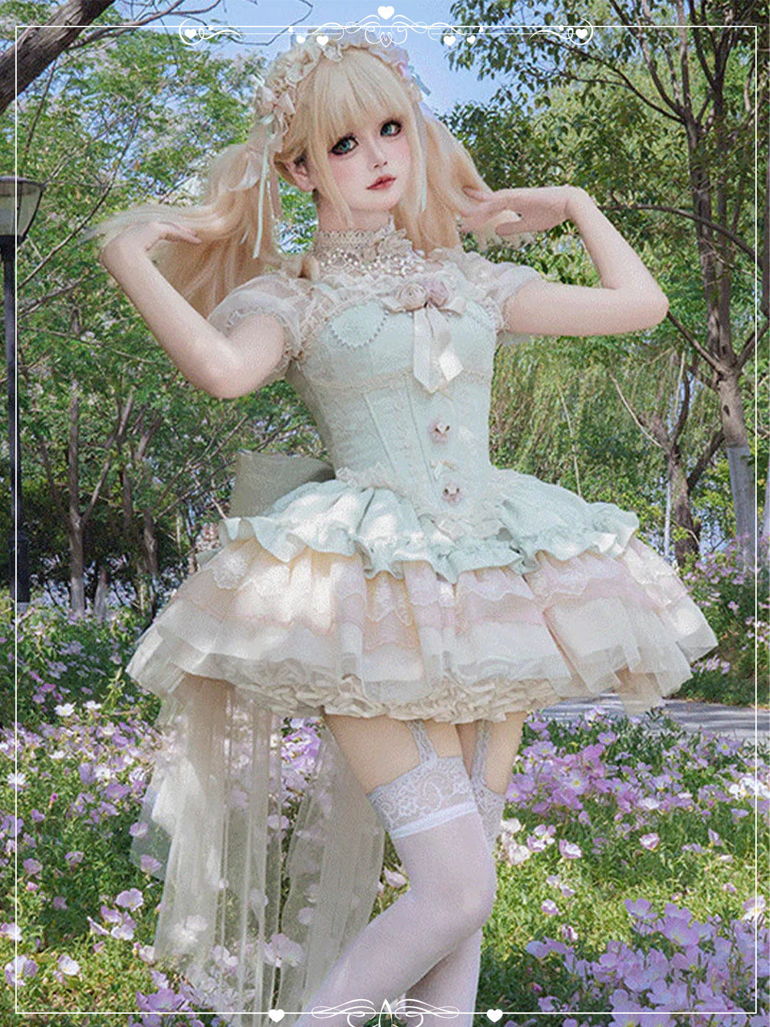 Sweet Princess Green  with Multi Layer Ruffles Delicate Bowknot Lace Dress