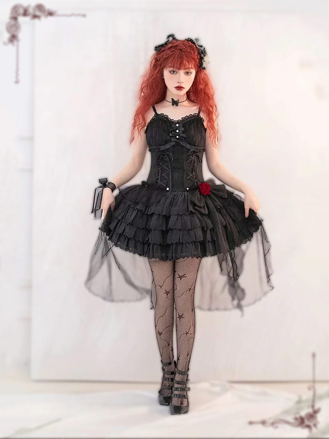 Black and White Gothic Lolita Slip Dress Ruffled Details Romantic Rose Accents