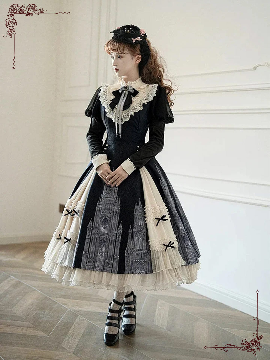 Black Gothic Lolita Long-Sleeved Maxi Elegant Ruffled Lace for Autumn