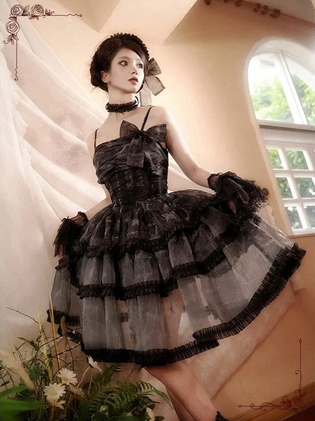 Black Gothic Lolita Princess Dress Organza Strap JSK with Elegant Butterfly Details