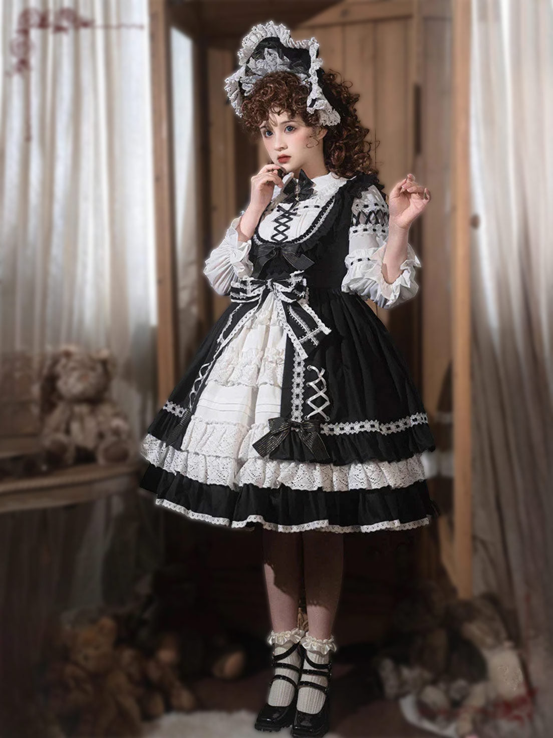 Black White Classic Lolita Layer Ruffled with Bow Accents Delicate Lace Dress