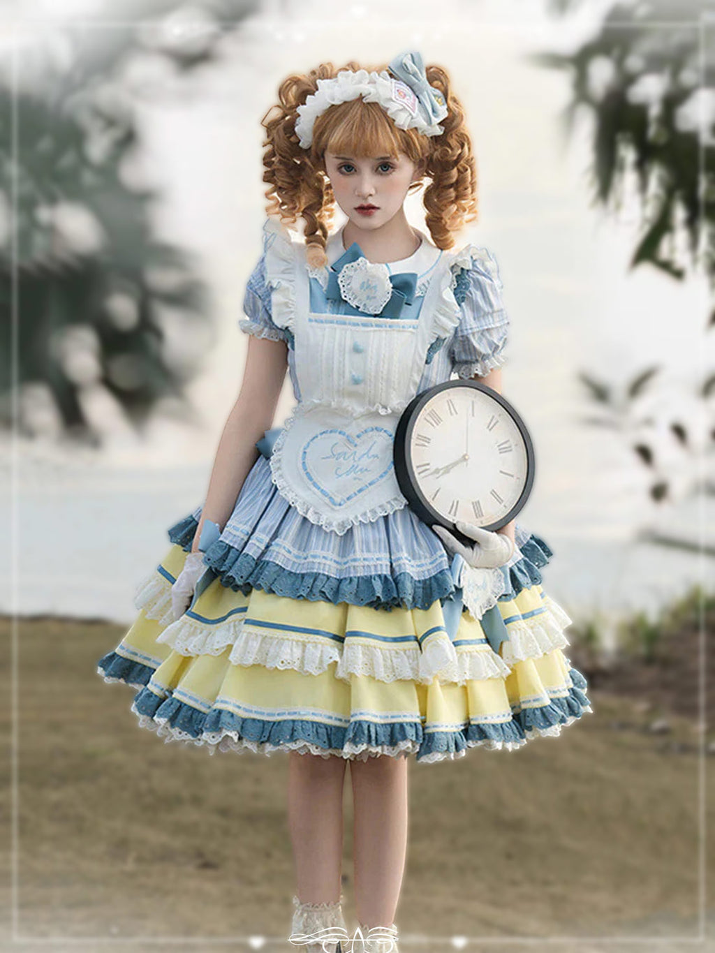 Blue Yellow Sweet Lolita Japanese Charm Short Sleeve with Ruffled Layers Lace Dress