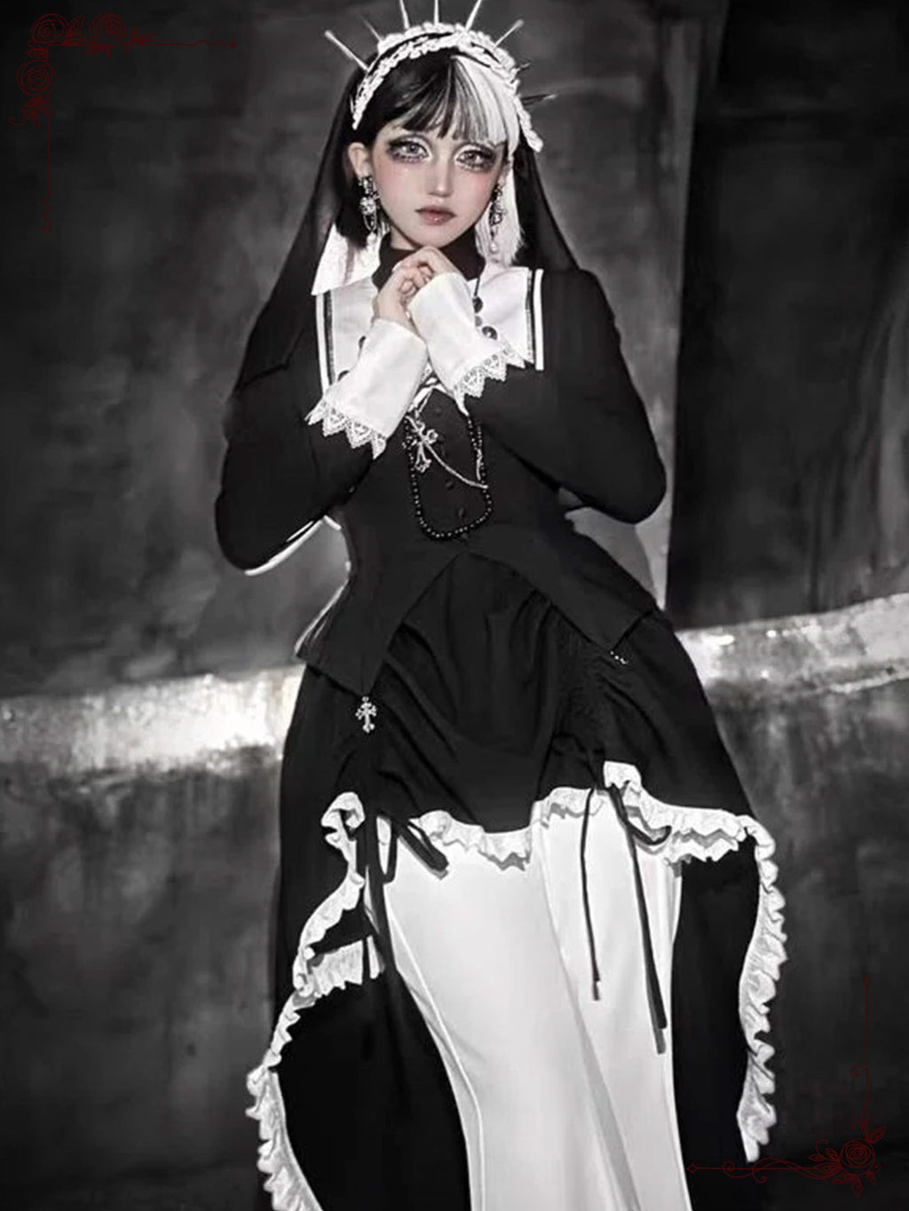 Dark Nun Style Gothic Lolita Outfit Halloween Cross Print Irregular Train Skirt