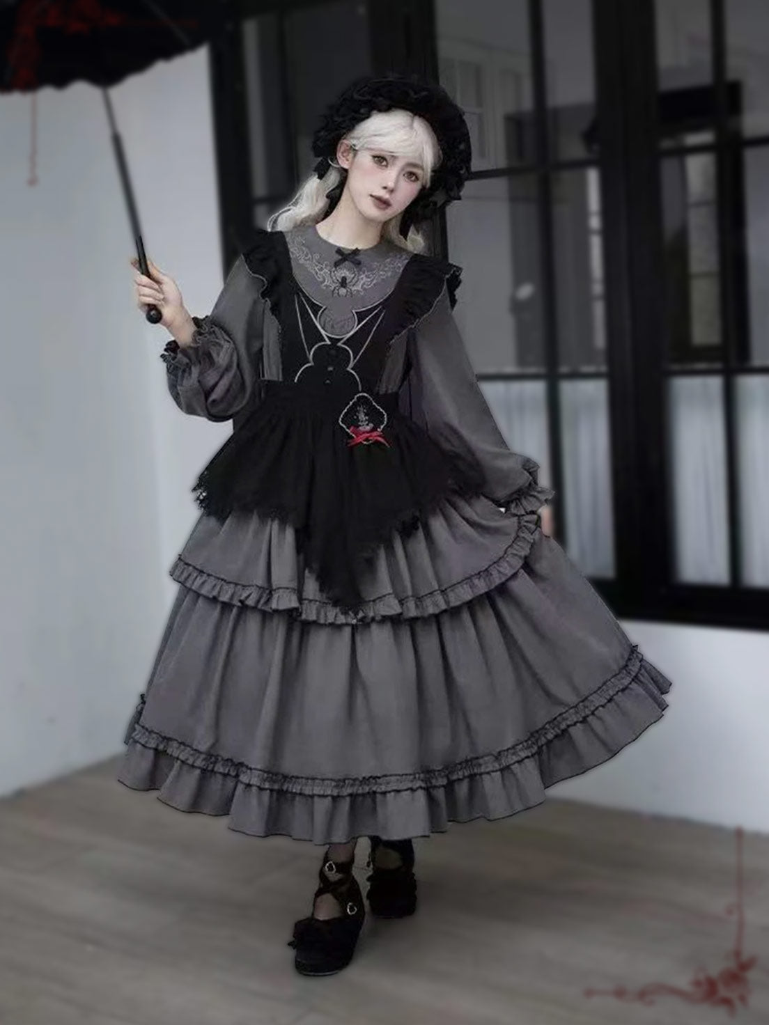 Gray Gothic Lolita Three-Tier Embroider Details Flared Silhouette Long Dress