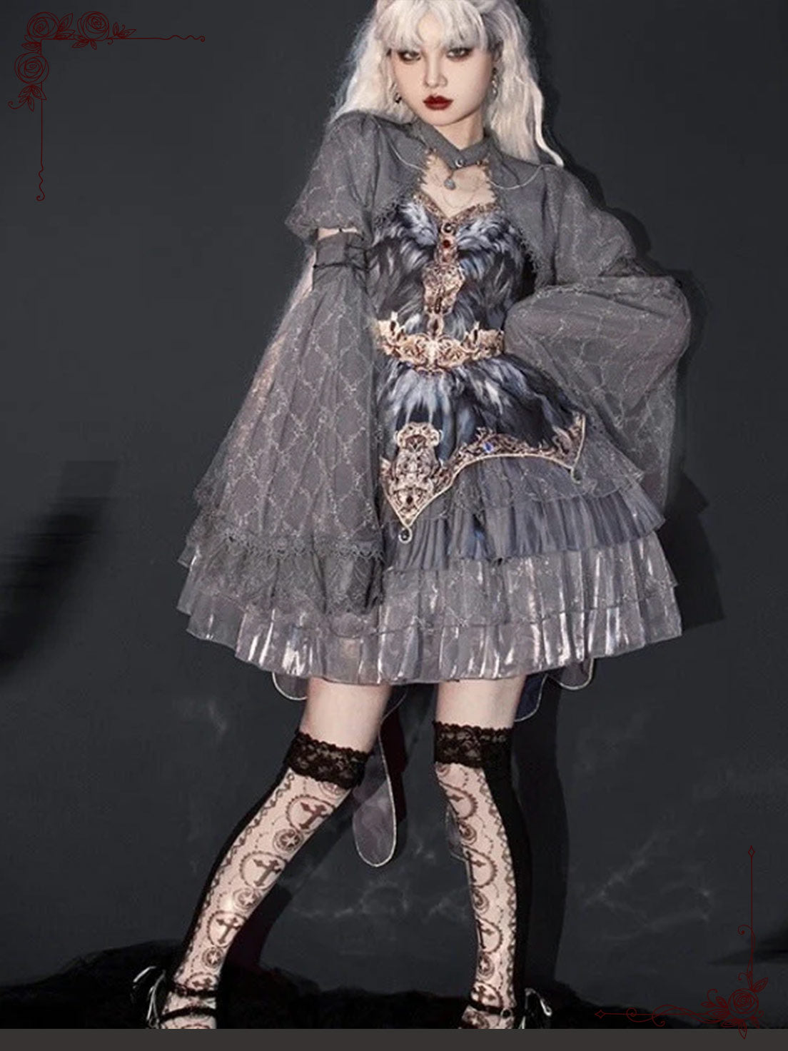 Grey Feather Gothic Lolita Swan-Themed Layer Cake Dress