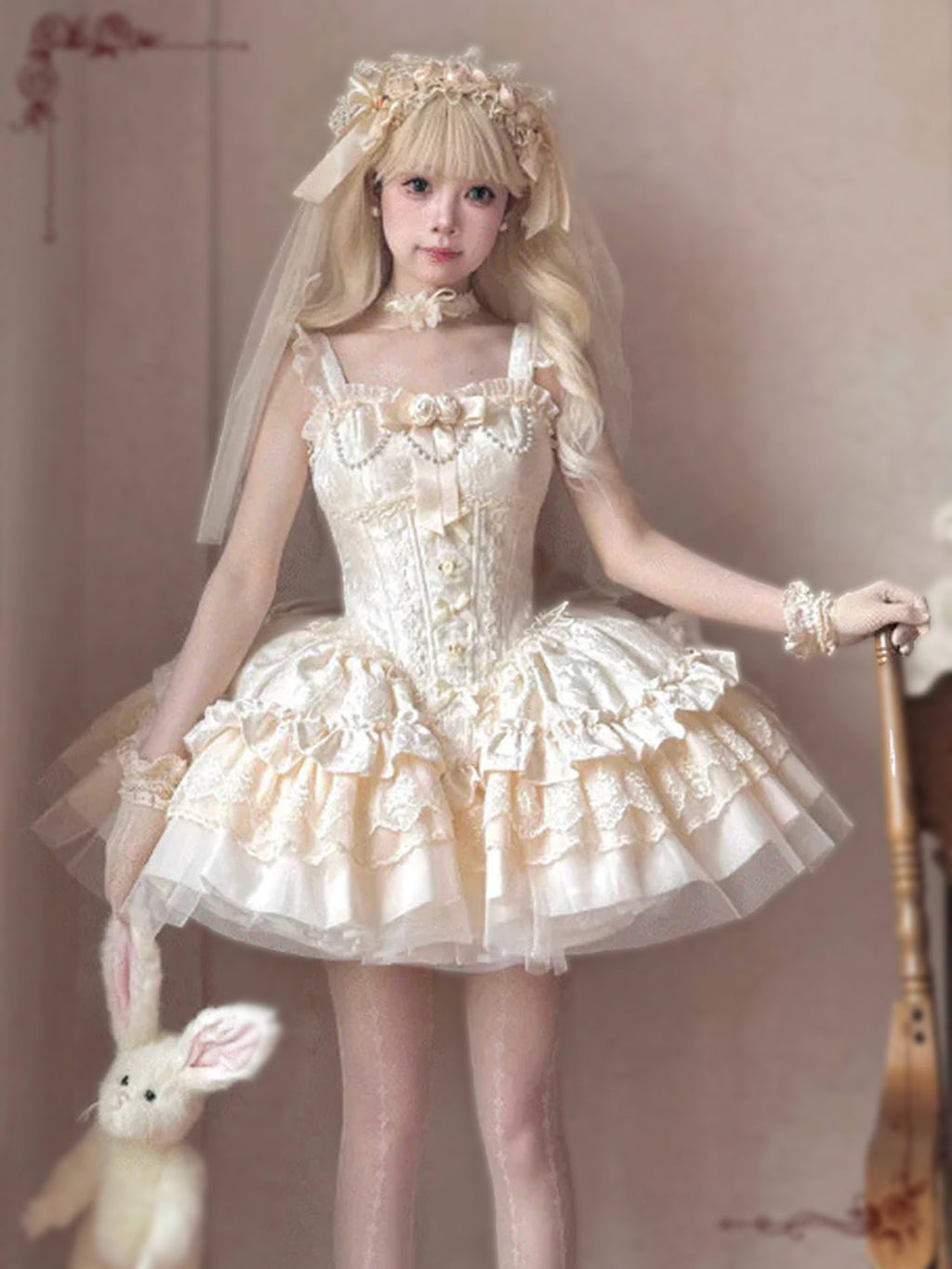 Ivory Sweet Lolita Princess with Lush Layer Ruffles Bowknot Lace Dress