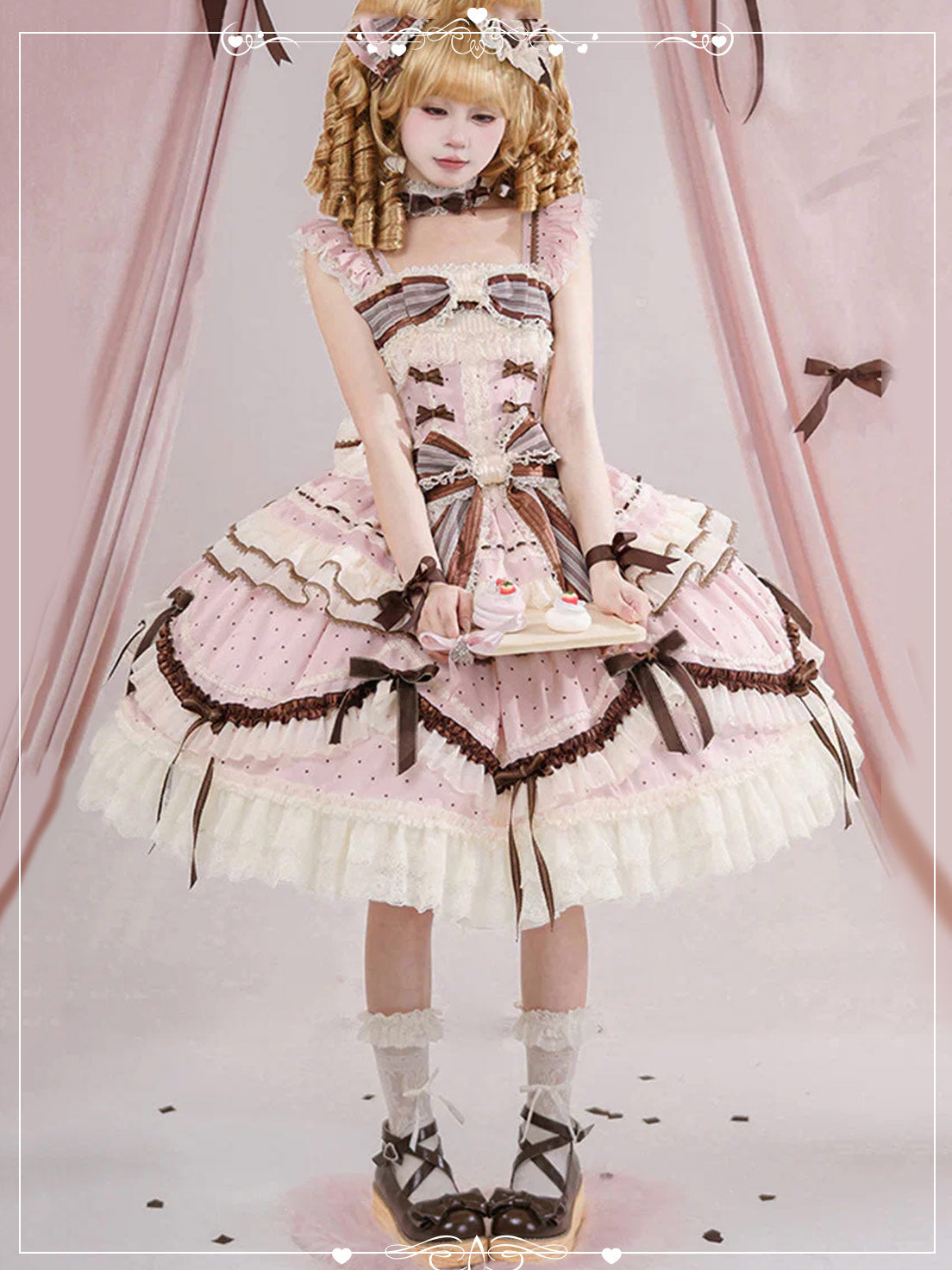 Pink Sweet Lolita Princess Cake Dress with Printed Ruffles Bowknot Delicate Lace-Up